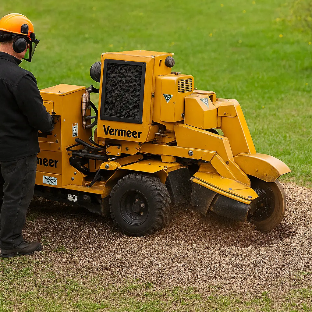 Worker in safety gear operates Vermeer stump grinder on lawn, grinding stump with wood chips scattered around.